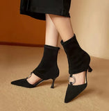 2022 Womens Pointed The Knee Boots Cut Out Rhinestones Square Circle Buckle High Heel Shoes Real Leather Black High