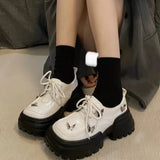 Leather Shoes Female College Style 2024 Early Spring New Square Head Thick-Soled Bow High-Heeled Retro Lace Casual