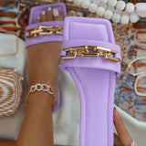 Slippers 2021 Summer Chain Style Square Head Slides Flat Heel Mule Shoes Woman Female Plus Size Outdoor Beach