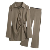 Women Casual 2 Piece Sets Turn Down Collae Long Sleeve Pleated Shirts Tops With High Wasit Boot Cut Pant Ladies