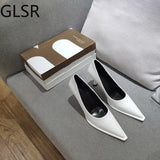 Breakj NEW Women's Shoes LEATHER Woman High Heels Pointed Toe Women Pumps for Fashion Office Lady Slip on Sock Free White