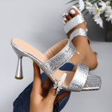 Breakj Size High Heel Slippers Female 2024 Summer Square Head Crocodile Pattern Stylish Women's Cool