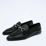 INS ZA Women Loafers Shoes Genuine Leather Flat Shoes Metal Decoration Round Toe Ladies Footwear Spring Autumn Black