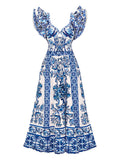 Shoulder Lotus Side Deep V-Piece Swimsuit Women's Half-Dress Two Sets Of Retro-Print