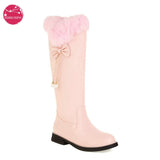 Winter Warm Women's Sweet Lolita Bowknot Boots Rabbit Fur Plush Booties Chuncky Heels Low Heel Knee High Boots Pearl