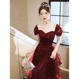 A Toasting Dress Bride 2025 New Wine Red Shoulder Wedding Dress Dress High-End Atmospheric Engagement High-End