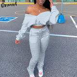 2021 Summer casual women off shoulder top stacked leggings two piece outfits sporty fitness activewear slim matching