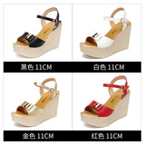 New High Slope Heel Sandals Women's Muffin Thick Bottom Waterproof Table One Word Buckle Gold Small Size 3233 Fish Mouth