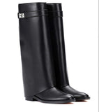 Leather Black Shark Lock Boot Silver Buckle Pointed Toe Flat Women Boots Knee High Ladies Winter Long Boot Ridding