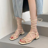 Open-toe Lace-up Sexy Comfortable Simple Sandals for Women 2023 New Summer Student Square Roman Women's