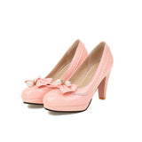 Fashion Pumps Women Round Toe Spike High Heels Slip On Bow Pearls Platform Patent Leather Sexy Party Club Shoes Ladies