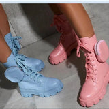 Pocket Boot Lace Up Ladies Ankle Boots Female Buckle Strap blue Chunky Sole Pouch Ankle Boots Woman Platform Shoe