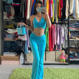 women halter bandage v-neck sleeveless ruched tops sweatpants solid matching set sexy clubwear stretchy skinny