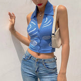 Halter Sleeveless Knitted Crop Top Women Sexy Backless Tank Top Autumn Print V Neck Vest Ladies Button