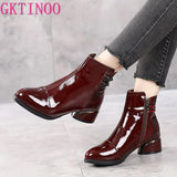 Women Boots 2021 New Woman Short Boots Soft Patent Genuine Leather Autumn/Winter Shoes Square Heels Female