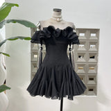 Gentle Lotus Leaf Petal Word Collar Solid Fairy Short Dress Waist Niche Hip Party Elegant