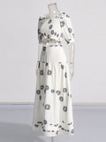 Vintage Style Print Two Sets Of 2025 New Bubble Sleeve Short Top + High Waist Half-Dress Fashion Suit