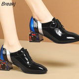 Snake pattern patent leather shoes women flats pointed toe loafers lace up multicolor crystal chunky heels oxfords