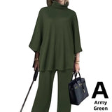 Celmia 2022 Spring 2pcs Knitted Pant Sets Women High Collar 3/4 Sleeve Top Fashion Wide Leg Long Pants Casual Loose Brushed