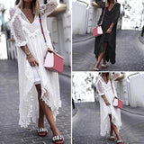 VONDA Summer Sexy White Lace Dress 2022 Women V-Neck Dot Hollow Asymmetrical Hem Dress Bohemian Holiday Vestidos Party