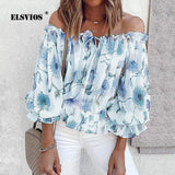 Summer Women Slash Neck Off-shoulder Print Chiffon T-shirts Casual Loose Flared Sleeves Streetwear Tops Elegant