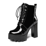 2021 Thick High Heeled Female Patent Leather Ankle Boots Round Toe Lace-up Zipper Women Short Boots Gothic Women
