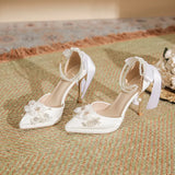 Flower Bow Pearl Chain Waterproof Platform Heel Heels Not Tired Wedding Shoes High
