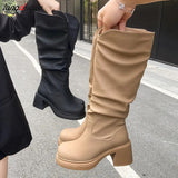 Winter Khaki Women High Heels Knee High Boots Fashion Designer Chunky Shoes Sexy Long Boots Botas Mujer platform