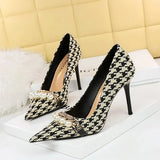 Breakj Thousand Bird Case High Heels Slender High Heels Shallow Pointed Pearl Chain Plaid Women's Single