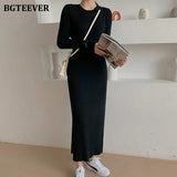 New Autumn Hooded Side Split Female Knitted Dress Stretched Sweater Women Dress Casual Ladies Pullovers Vestidos