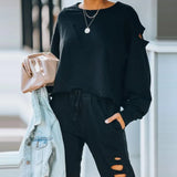 Autumn Winter Fashion Suit Women Hole Sport Two Set Casual Solid Color Long Sleeves Streetwear Irregular Elegant Party