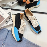 Chunky Sneakers Women Real Leather Platform Shoes Mixed Colors Lace-Up Lady Trendy Trainers Thick Sole Handmade