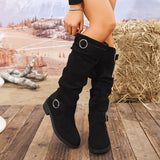 Breakj Women's Fashion Boots Large-Size Round Head Thick And Long Boots Solid Color Belt Buckle In Autumn And Winter