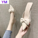 Women Sandals Pointed Toe Solid Color Bowknot Summer Dress Shoes Pumps Thin High Heels Sandals Zapatillas Casa Mujer