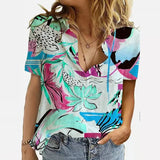 Women Elegant Office Simple Turn-down Collar Cartoon Print Casual Shirt Fashion Summer Short Sleeves Button Cardigan
