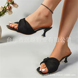 Breakj Fairy Wind Wrinkled Slippers Women 2025 New Summer Word With Fine Square Head Cold Slippers Large