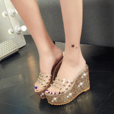 Women Sandals Rivets Transparent Peep Toe High Heels Sandals Fashion Ladies Glitter Platform Wedges Summer