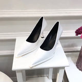 Breakj NEW Women's Shoes LEATHER Woman High Heels Pointed Toe Women Pumps for Fashion Office Lady Slip on Sock Free White