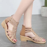 Woman Sandals Women Cyrstal Comfortable Pumps Ladies Fashion Wedges Female Rome Bling Hollow Out Shoes Women's Zip
