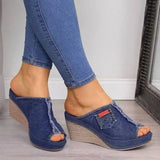 Summer Women's Solid Color Adult Daily Denim Fashion Slope Heel Muffin