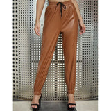 Fall Winter PU Leather Pants Drawstring Bottoms Solid Color High Waist Tights Harem Pants with Pockets Women