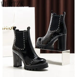 Women's Fashion Boots High Heels Solid Black Rivet Anckle Boots For Ladies Lace Up Zipper Elegant Round Toe Female Short