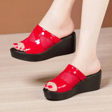 Heel Slope Sandals For Women In 2023 Summer New Style Muffin Thick Bottom Waterproof Table Hollowed-Out Net Gauze Lacquer Leather Wearing Sandals And