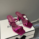 Summer New Fashion Versatile One-Word Square Head Sandals Comfortable Thick Heel Solid Color High-Heeled Slippers To
