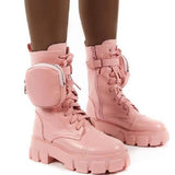 2020 Autumn Winter Bootie Pocket Buckle Strap Pink Chunky Boots Leather Patchwork Arrival Platform Boots Mid-calf