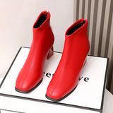 Winter Women Boots Casual Leather Shoes Low Heels Autumn Shoes Woman Pointed Toe Rubber Ankle Boots Black Red Zapatos
