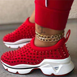Vulcanize Shoes Rivet Suede Wedges Shoes for Women Sneakers Women Fashion Slip-On Casual Flat Shoes Plues Size Black