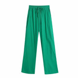 2021 Women Green Sets Female Fashion Pocket O-Neck Shirts Drawstring Elastic Waist Back Pockets Pants Ladies Casual