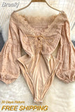 Women's Bodysuits 2023 Summer Autumn Ins Hollow Lace Spliced Lace-up V-neck Off Shoulder Lantern Sleeve Sexy Club Body