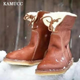 2022 Women Winter Mid Calf Boots Leather Snow Boots Lace Up Plush Fur Warm Slip-on Ladies Shoes Square Heel Short